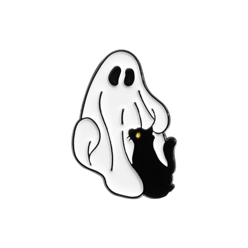 Halloween essentials Black cat White ghost brooch Metal badge Personality pin Student bag ornament Halloween medal