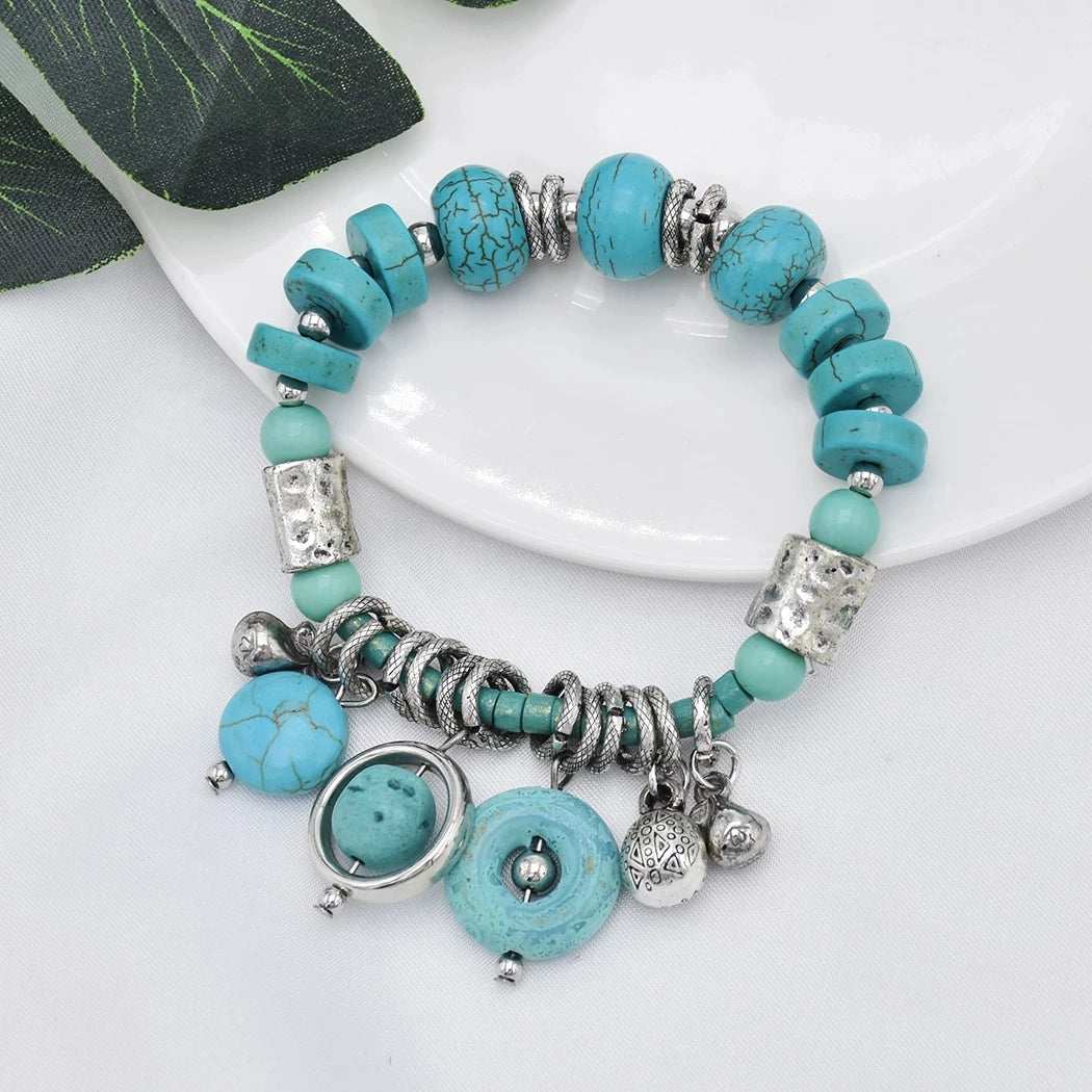 Turquoise bracelet women's retro personality multi-layer stacked beaded ethnic style exotic Tibetan bohemian couple niche