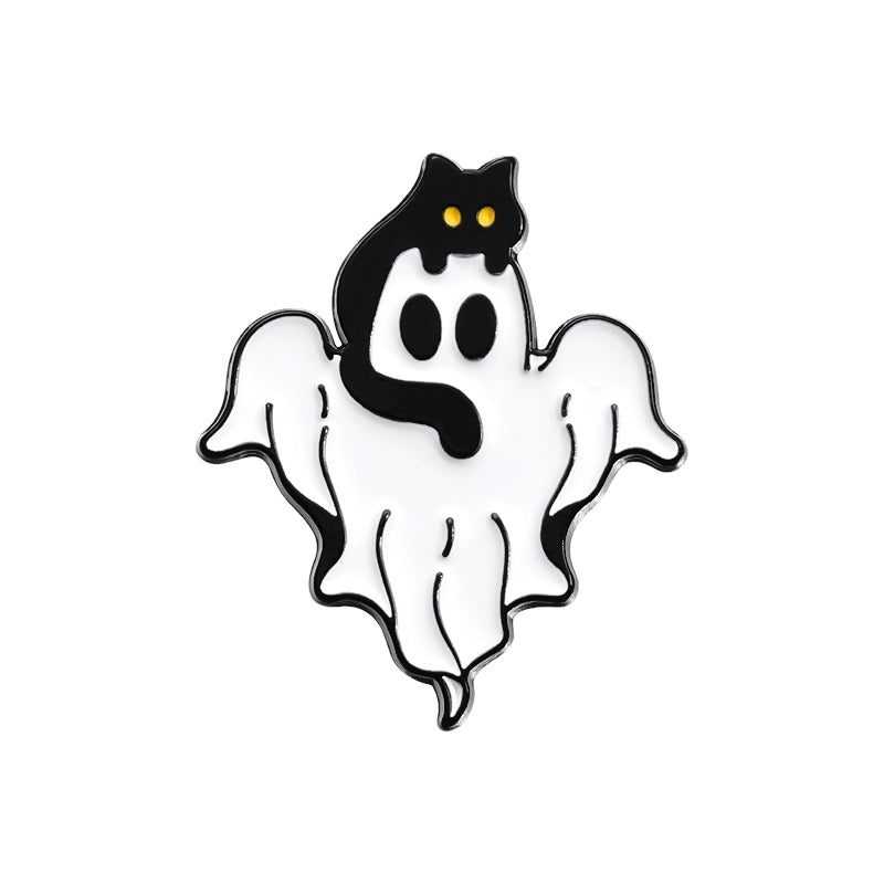 Halloween essentials Black cat White ghost brooch Metal badge Personality pin Student bag ornament Halloween medal