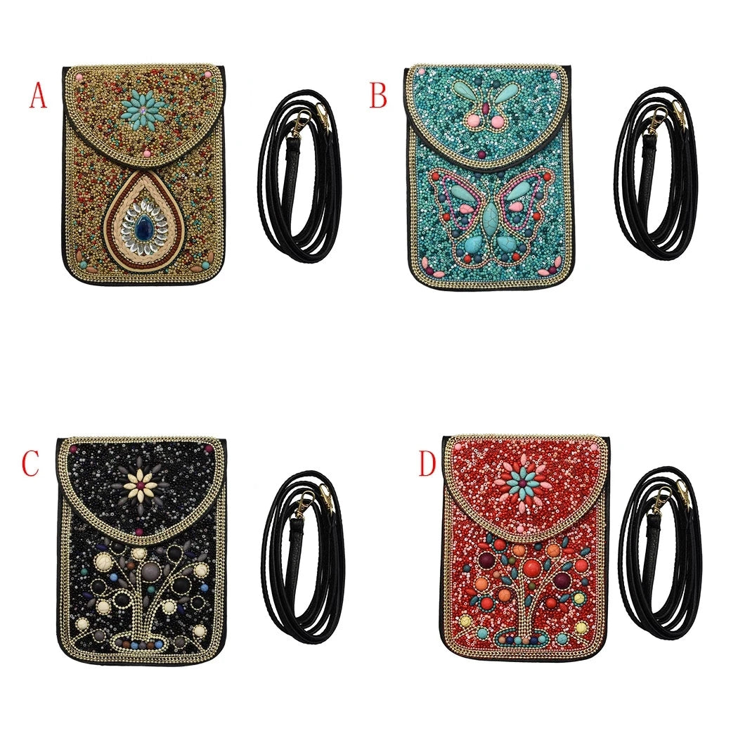 Xinjiang travel photo messenger bag rice beads turquoise leather bag retro ethnic style student Mongolian mobile phone bag