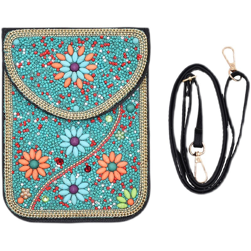 Ethnic style personalized retro Xinjiang messenger bag rice bead turquoise leather bag Mongolian Yunnan travel mobile phone bag