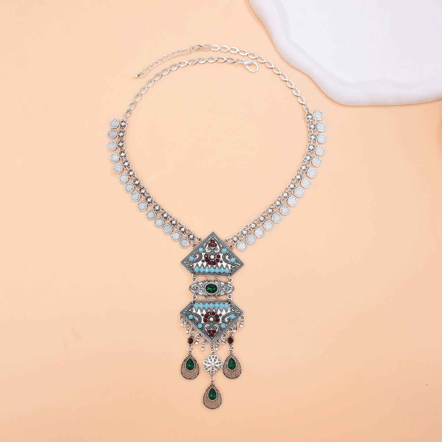 Vintage Exotic Style Tassel Necklace Earrings Set Imitation Turquoise Water Drop Pendant Indian Sweater Chain Photo Accessories Women