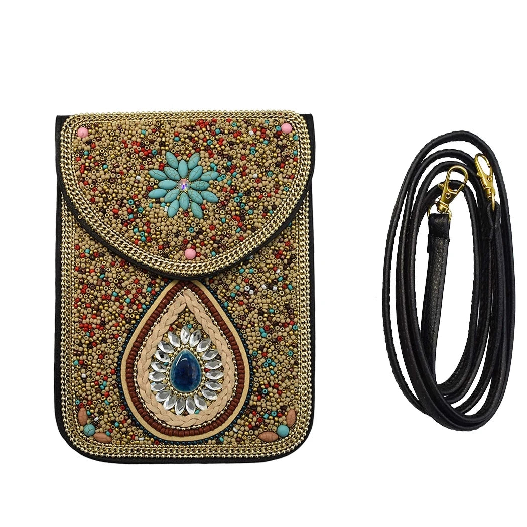 Xinjiang travel photo messenger bag rice beads turquoise leather bag retro ethnic style student Mongolian mobile phone bag