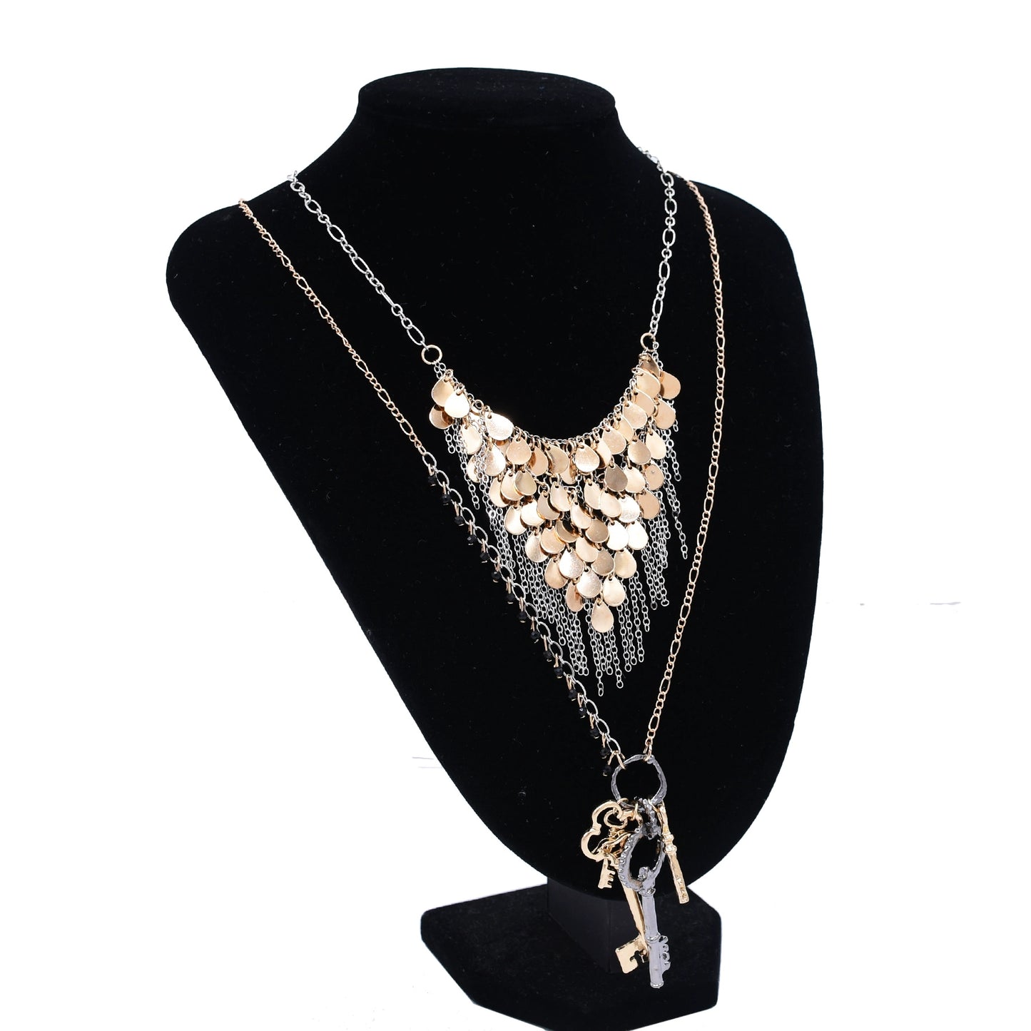 European and American water drop-shaped metal fringed necklace set double-layer stacked key pendant neck chain fashionable versatile necklace women