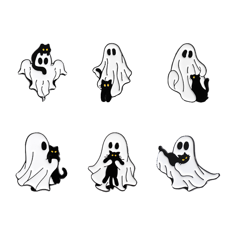 Halloween essentials Black cat White ghost brooch Metal badge Personality pin Student bag ornament Halloween medal