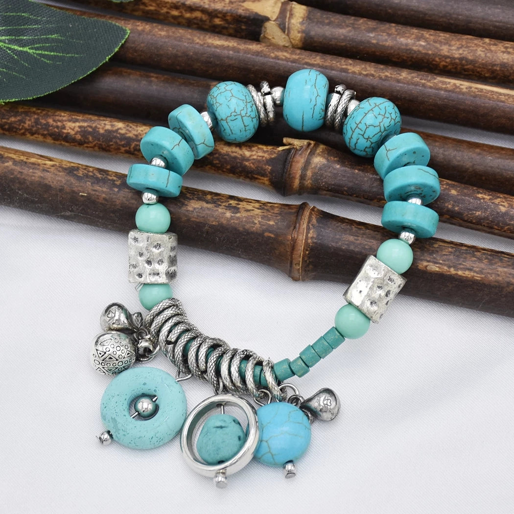 Turquoise bracelet women's retro personality multi-layer stacked beaded ethnic style exotic Tibetan bohemian couple niche