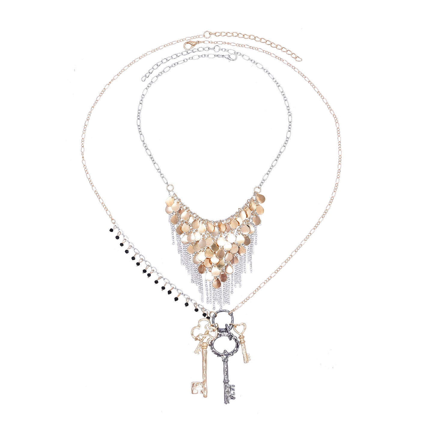 European and American water drop-shaped metal fringed necklace set double-layer stacked key pendant neck chain fashionable versatile necklace women