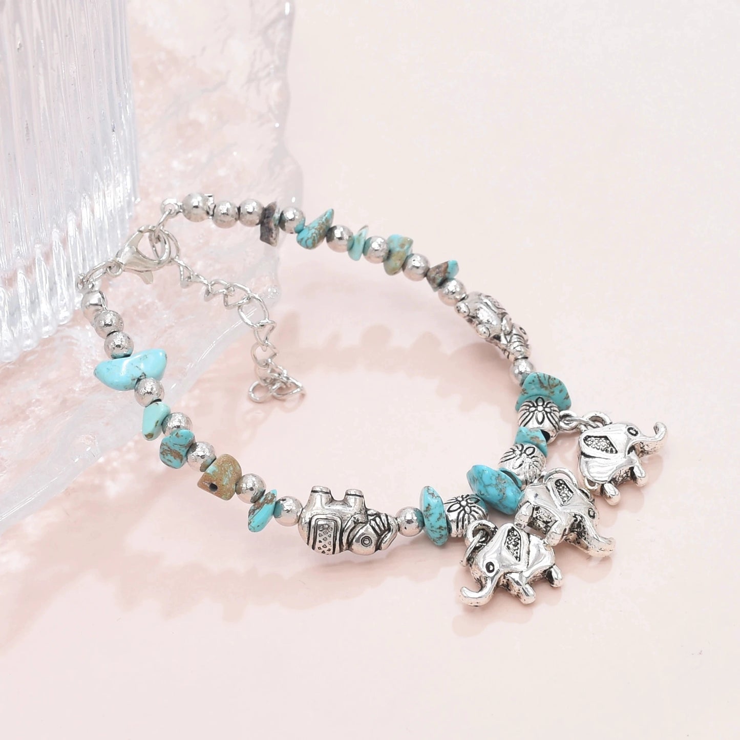 Ethnic style retro old turquoise bracelet alloy elephant pastoral shell colored men's and women's bracelets accessories Xizang