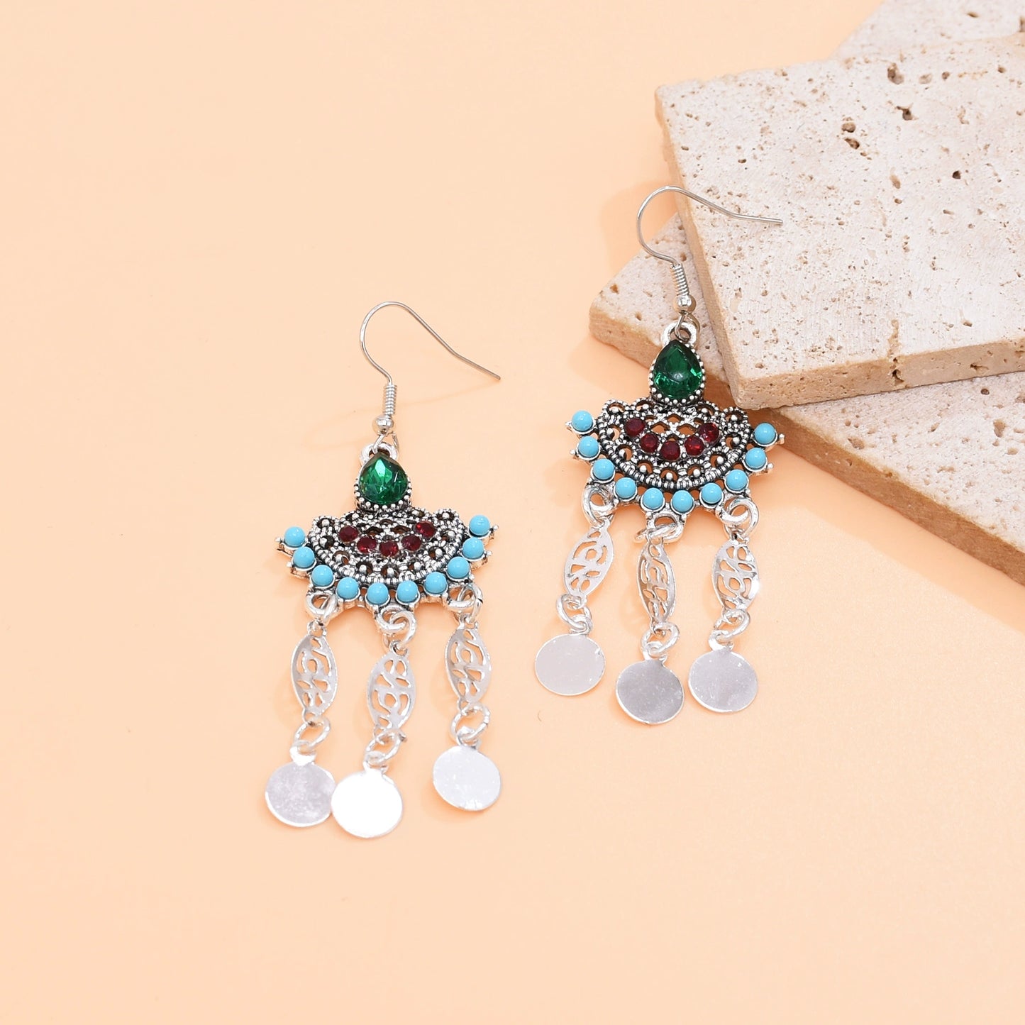 Vintage Exotic Style Tassel Necklace Earrings Set Imitation Turquoise Water Drop Pendant Indian Sweater Chain Photo Accessories Women