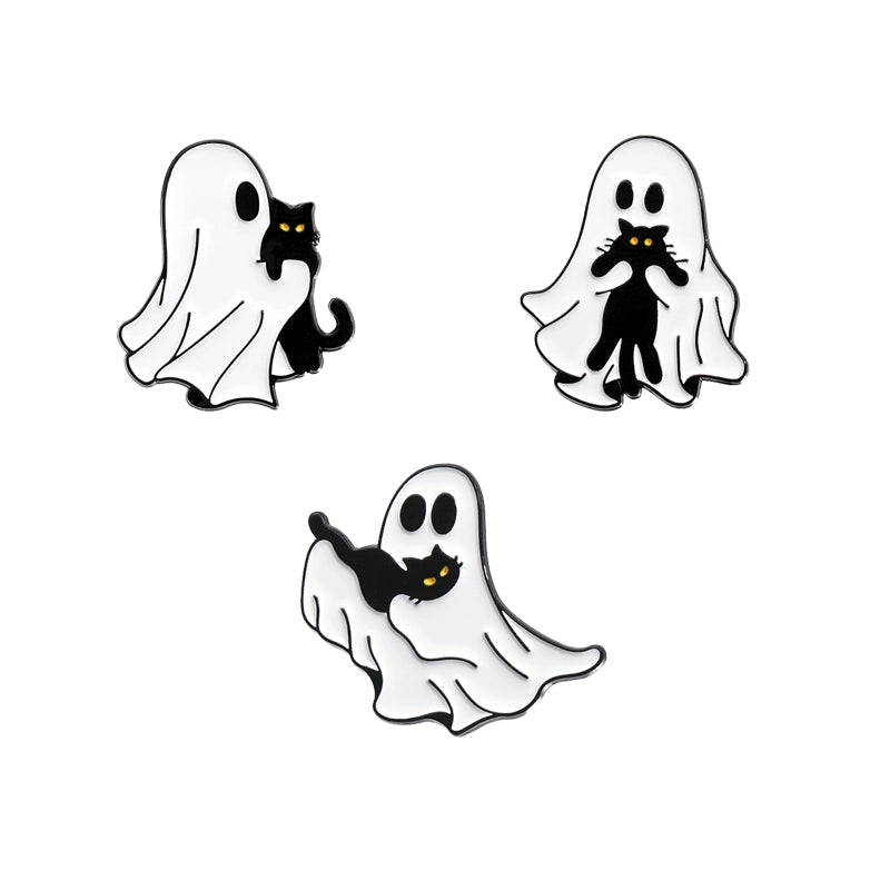 Halloween essentials Black cat White ghost brooch Metal badge Personality pin Student bag ornament Halloween medal