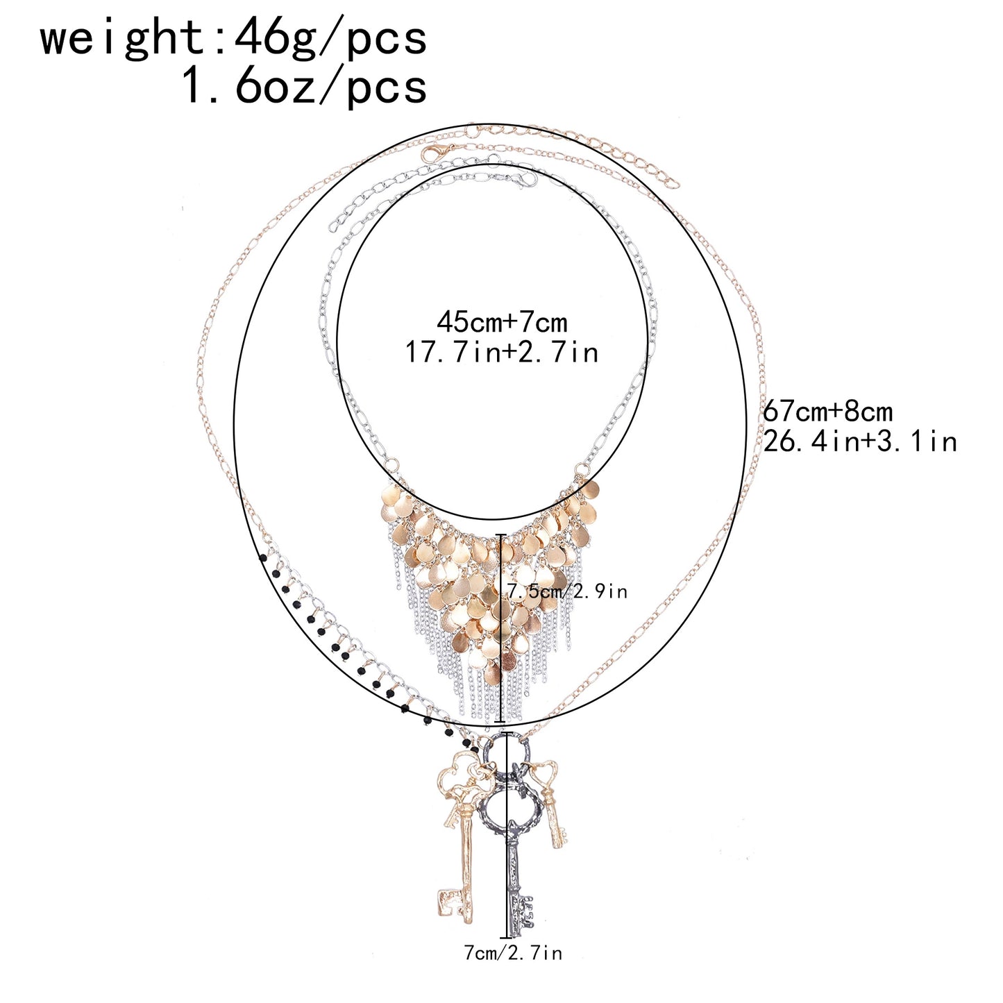 European and American water drop-shaped metal fringed necklace set double-layer stacked key pendant neck chain fashionable versatile necklace women