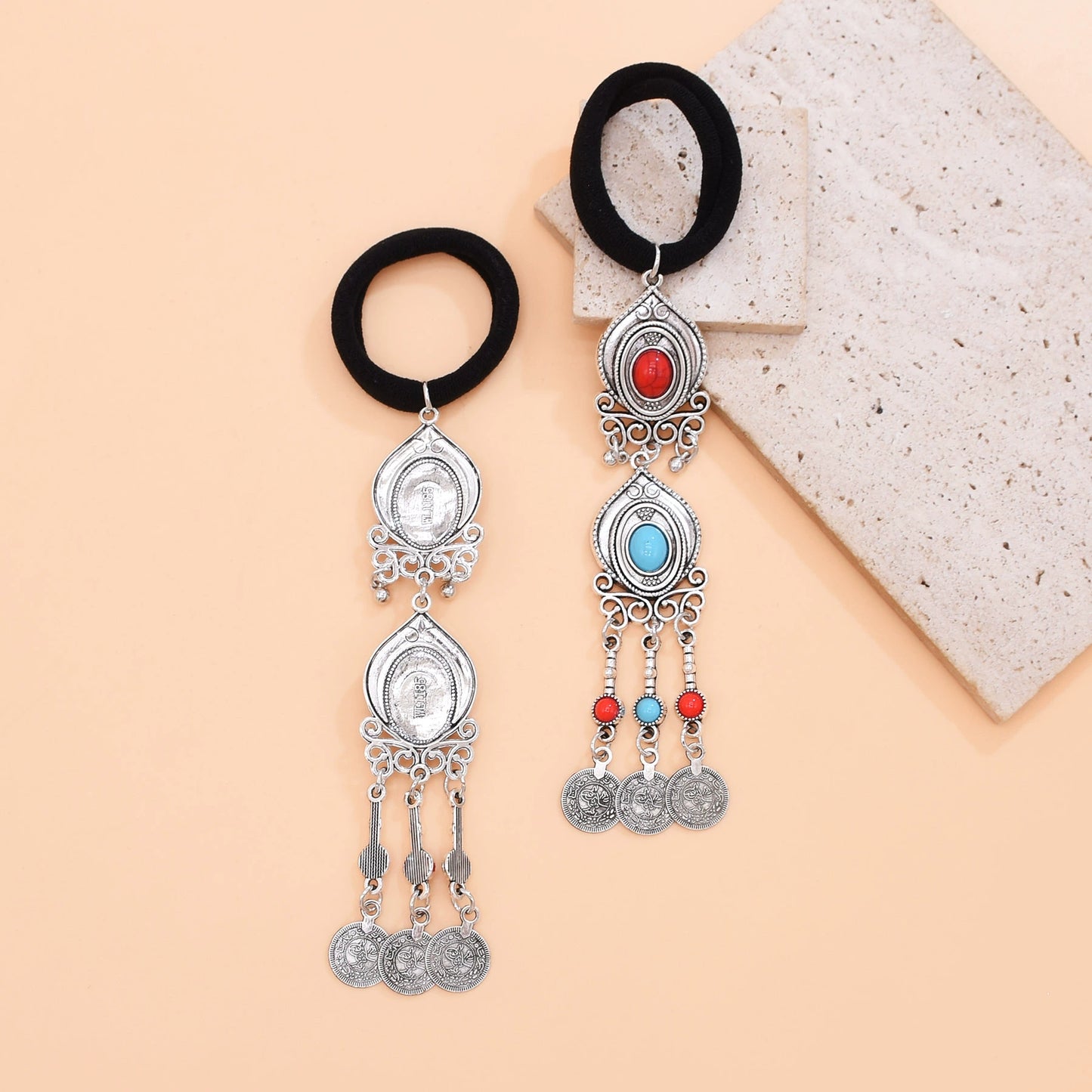 Ethnic style niche Kazakh hair accessories retro exotic style old coins fringed hair band women's imitation turquoise headdress