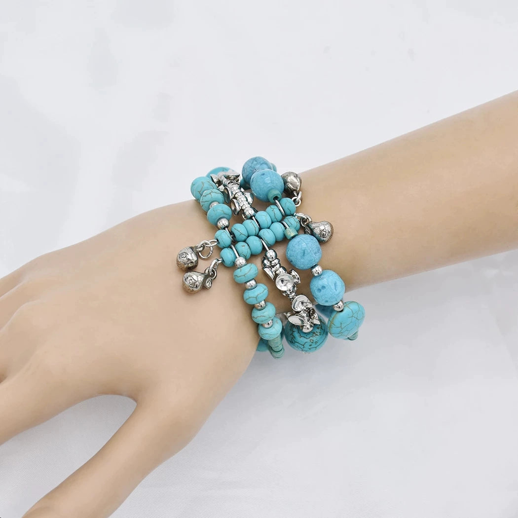 Turquoise bracelet women's retro personality multi-layer stacked beaded ethnic style exotic Tibetan bohemian couple niche