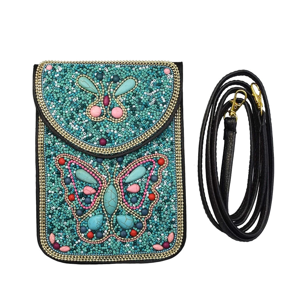 Xinjiang travel photo messenger bag rice beads turquoise leather bag retro ethnic style student Mongolian mobile phone bag
