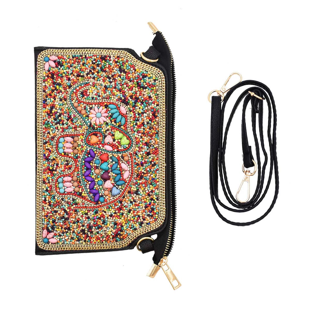 Xinjiang retro animal and plant messenger bag ethnic turquoise rice bead mobile phone bag Yunnan leather shoulder bag clutch bag