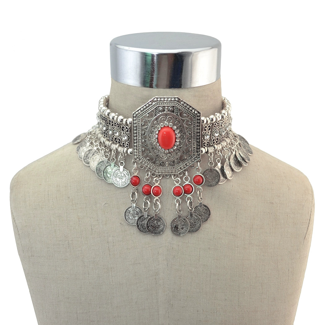 Retro ethnic style imitation turquoise metal neck chain exaggerated collarbone necklace women's personality collar neck chain neck strap jewelry