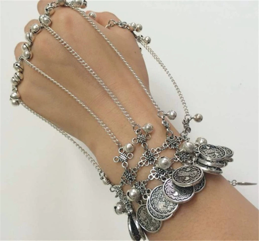 Zixia has the same versatile coin, fringed bell, finger bracelet, women's ring, ancient ethnic style, ancient clothing, Hanfu jewelry.