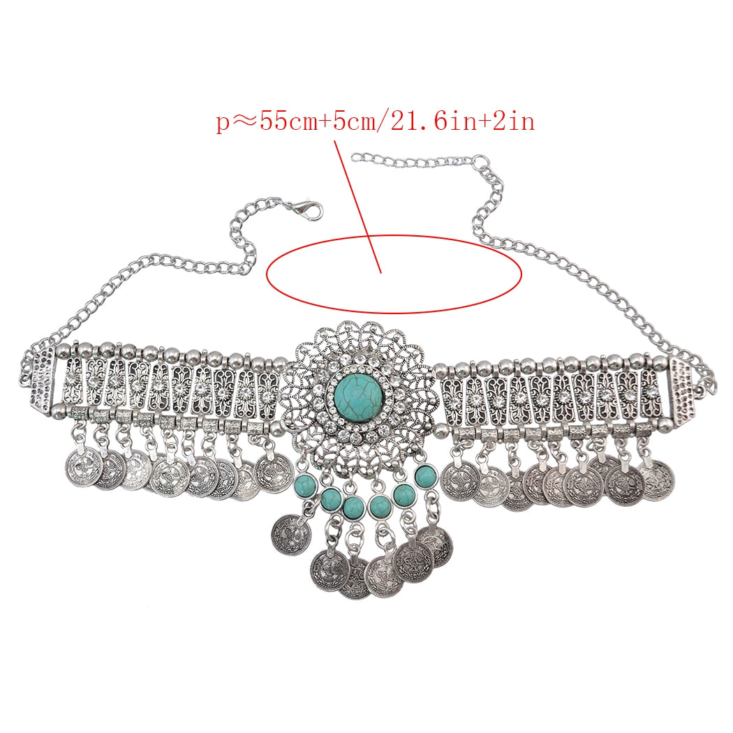 Retro ethnic style imitation turquoise metal neck chain exaggerated collarbone necklace women's personality collar neck chain neck strap jewelry