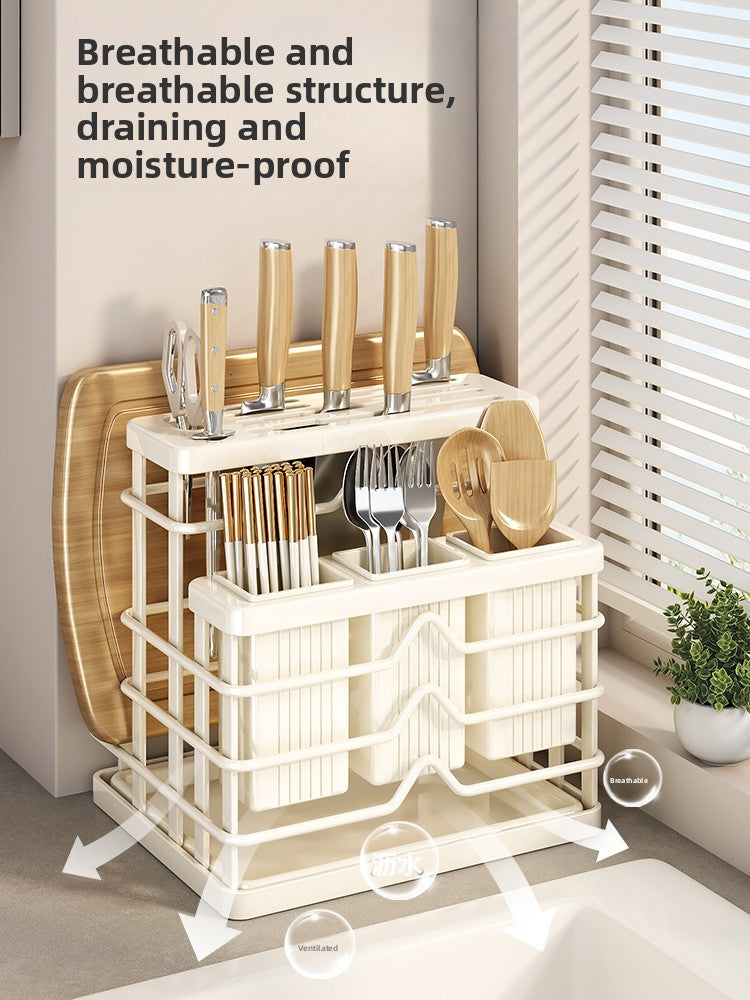 Kitchen knife holder shelf 2025 new countertop cutting board rack kitchen knife chopstick cage integrated cutting board knife storage rack