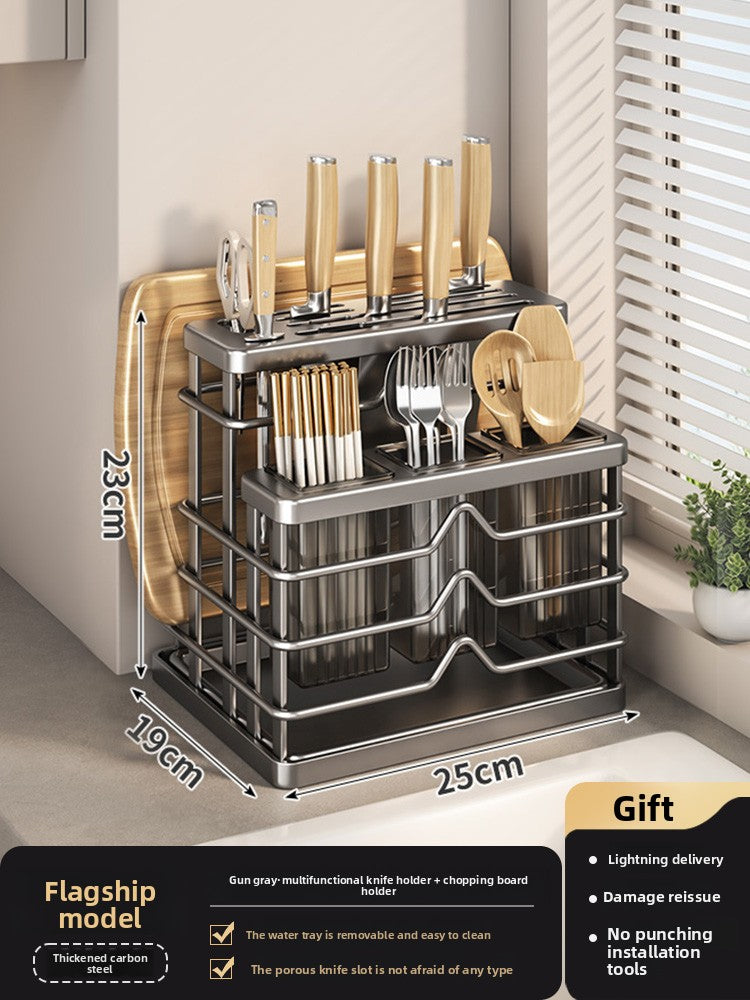 Kitchen knife holder shelf 2025 new countertop cutting board rack kitchen knife chopstick cage integrated cutting board knife storage rack