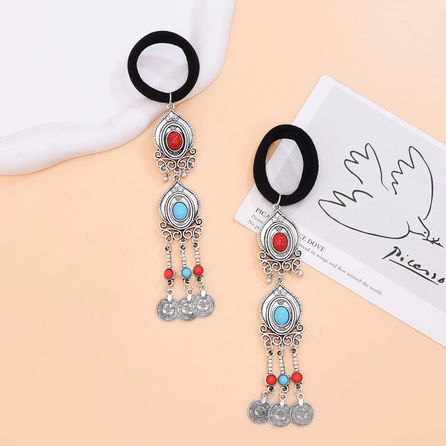Ethnic style niche Kazakh hair accessories retro exotic style old coins fringed hair band women's imitation turquoise headdress
