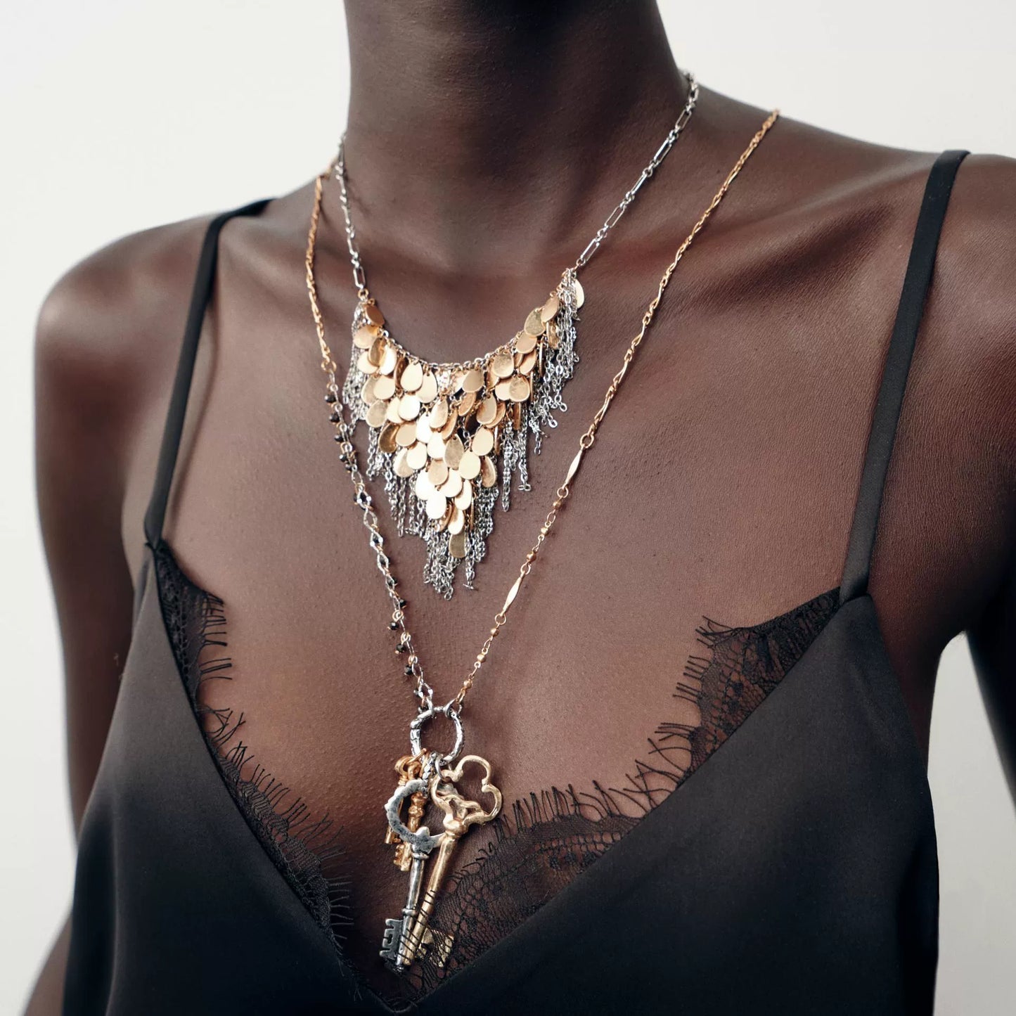 European and American water drop-shaped metal fringed necklace set double-layer stacked key pendant neck chain fashionable versatile necklace women
