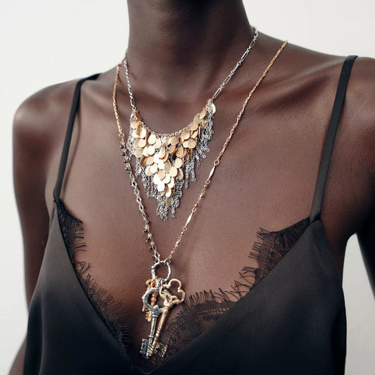 European and American water drop-shaped metal fringed necklace set double-layer stacked key pendant neck chain fashionable versatile necklace women