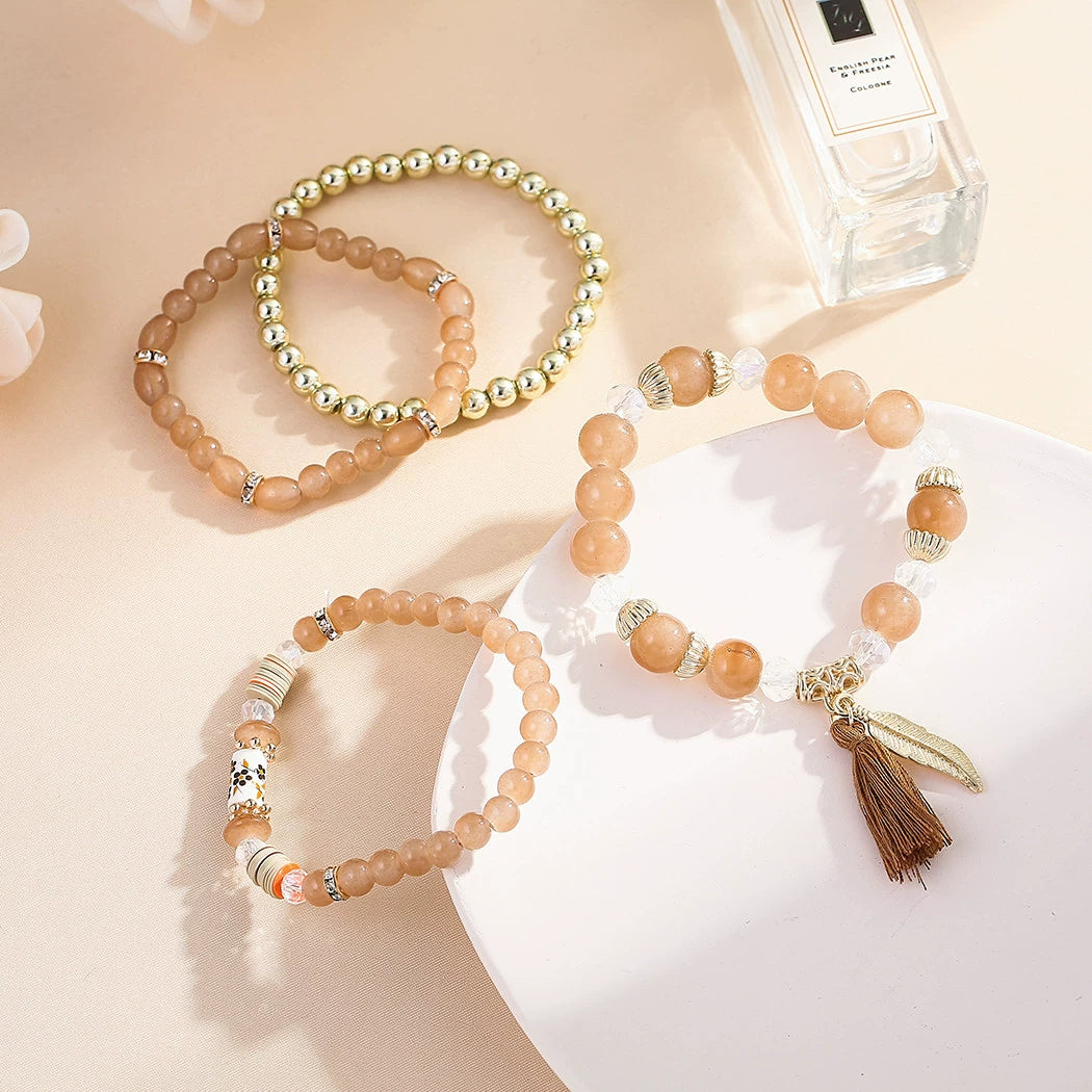 Ethnic style multi-layer beaded bracelet temperament versatile retro style fringed pendant crystal bracelet accessories