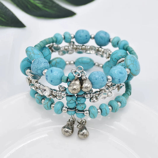 Turquoise bracelet women's retro personality multi-layer stacked beaded ethnic style exotic Tibetan bohemian couple niche