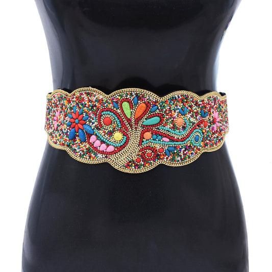 Color imitation turquoise rice beads elastic waist seal women's high-end sense ethnic style wide belt Xinjiang Kashgar travel photography waist jewelry women