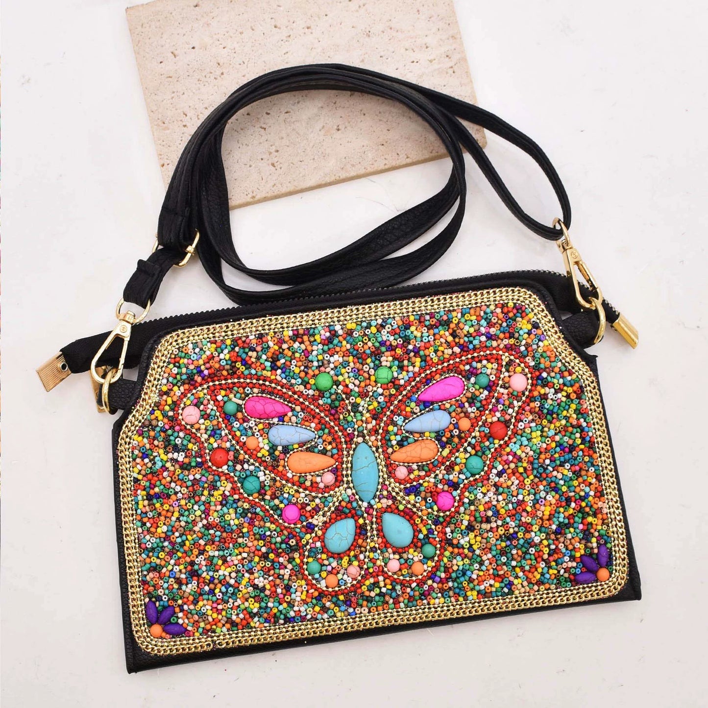 Xinjiang retro animal and plant messenger bag ethnic turquoise rice bead mobile phone bag Yunnan leather shoulder bag clutch bag