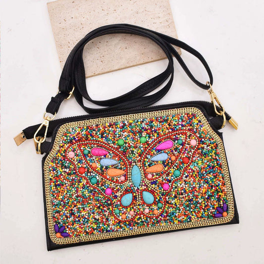 Xinjiang retro animal and plant messenger bag ethnic turquoise rice bead mobile phone bag Yunnan leather shoulder bag clutch bag