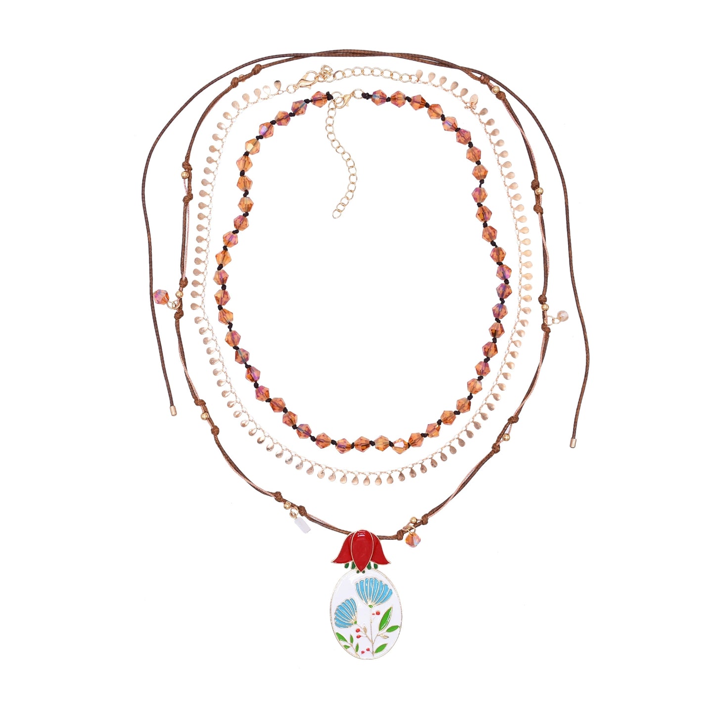 New European and American exaggerated hand-woven multi-layer necklace, female drip oil flower pendant, high-end beaded flower necklace