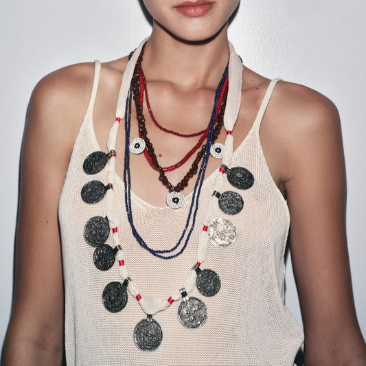 European and American big-name design sense niche multi-layer stacked necklace women's metal badge handmade beaded waterfall necklace