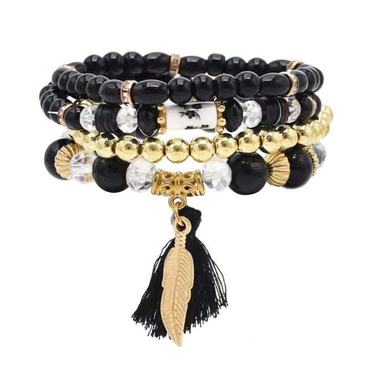 Ethnic style multi-layer beaded bracelet temperament versatile retro style fringed pendant crystal bracelet accessories