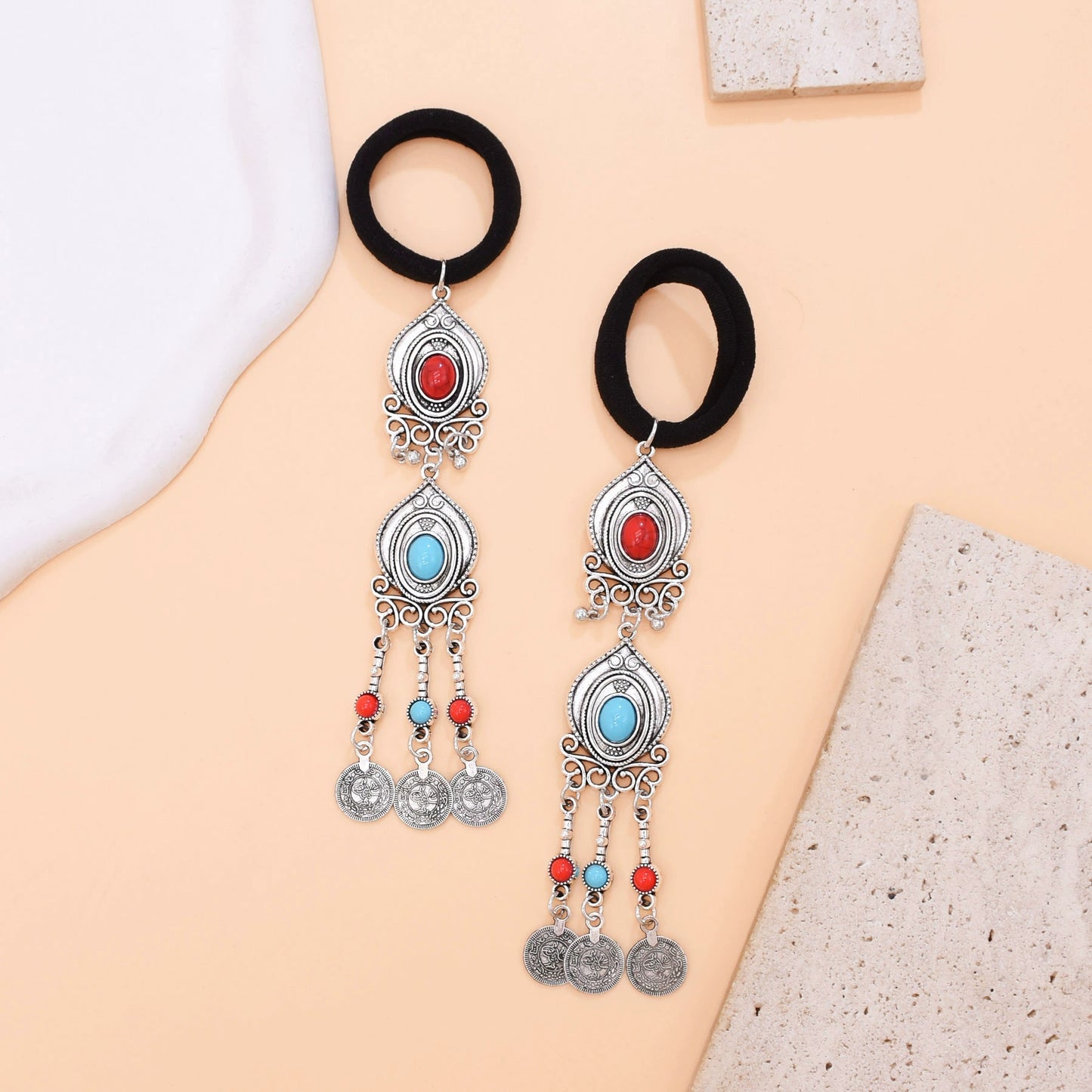 Ethnic style niche Kazakh hair accessories retro exotic style old coins fringed hair band women's imitation turquoise headdress