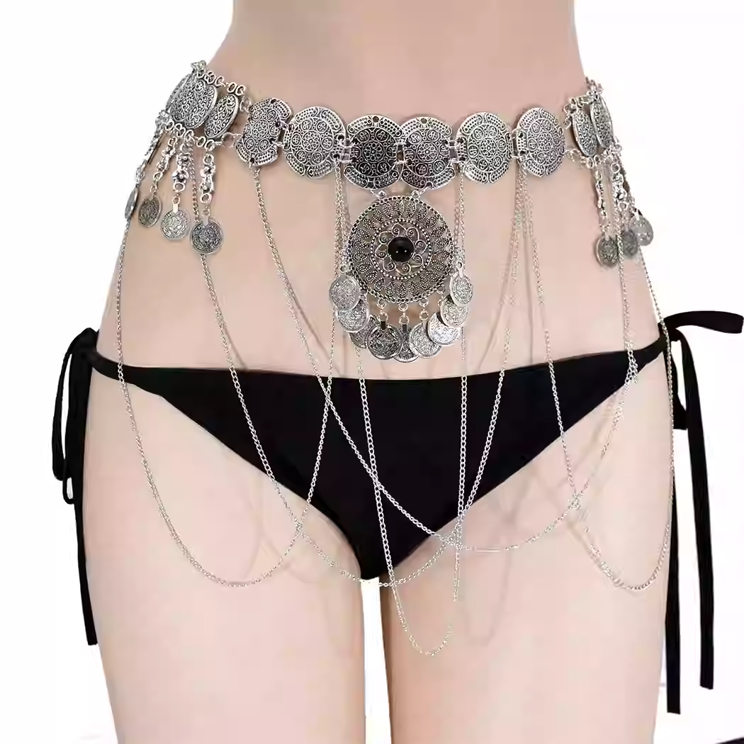 European and American fashion temperament necklace square dance Indian dance semicircle sequined headgear performance suit belly dance waist chain women