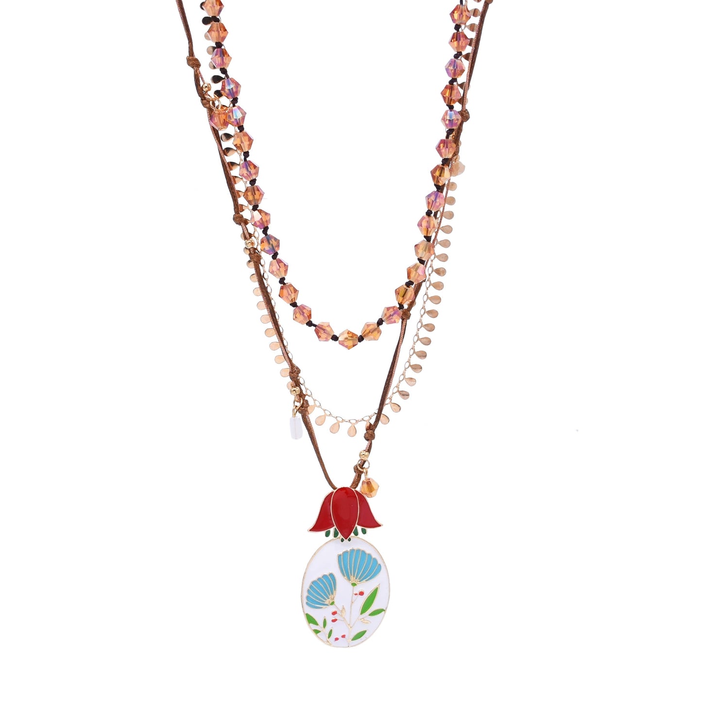 New European and American exaggerated hand-woven multi-layer necklace, female drip oil flower pendant, high-end beaded flower necklace