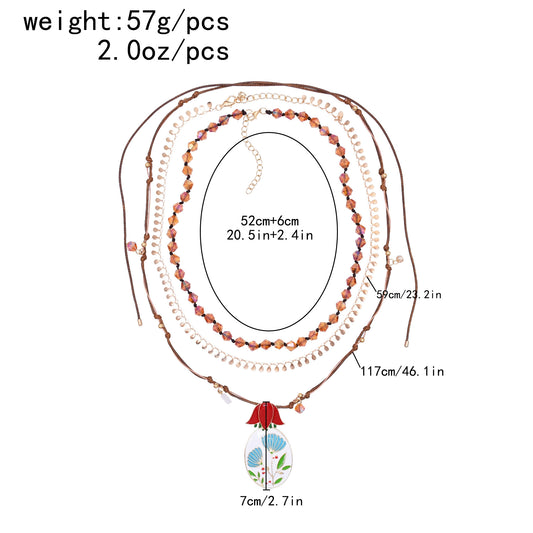 New European and American exaggerated hand-woven multi-layer necklace, female drip oil flower pendant, high-end beaded flower necklace