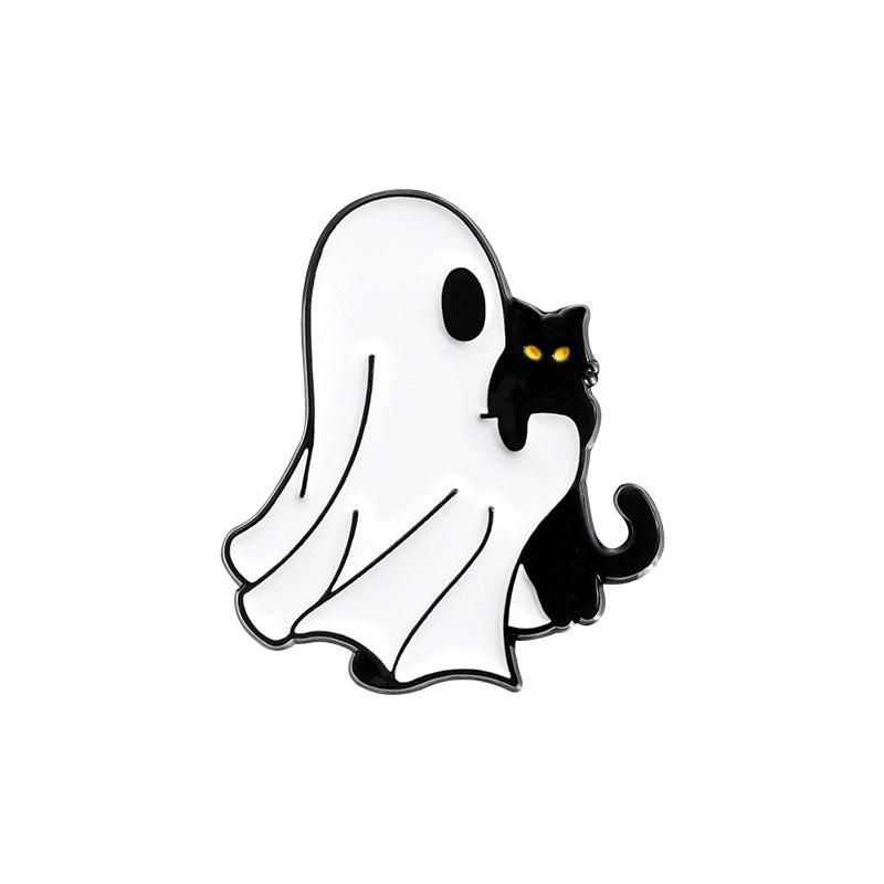 Halloween essentials Black cat White ghost brooch Metal badge Personality pin Student bag ornament Halloween medal