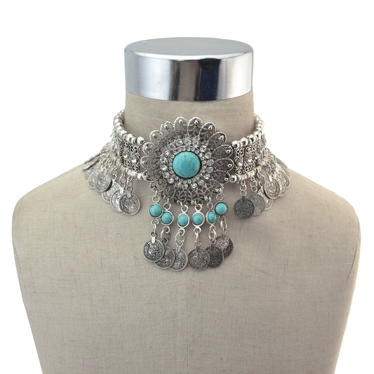 Retro ethnic style imitation turquoise metal neck chain exaggerated collarbone necklace women's personality collar neck chain neck strap jewelry