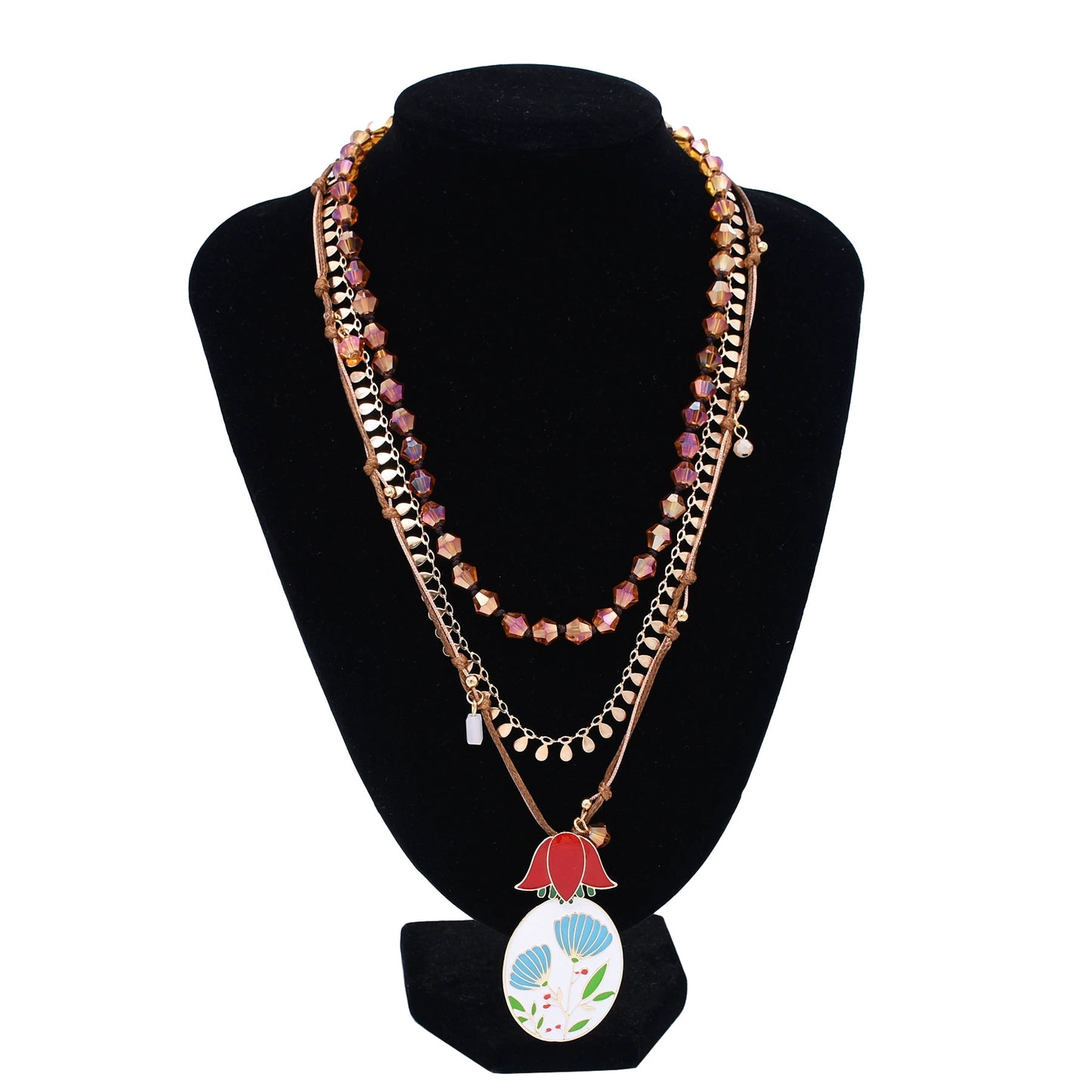 New European and American exaggerated hand-woven multi-layer necklace, female drip oil flower pendant, high-end beaded flower necklace