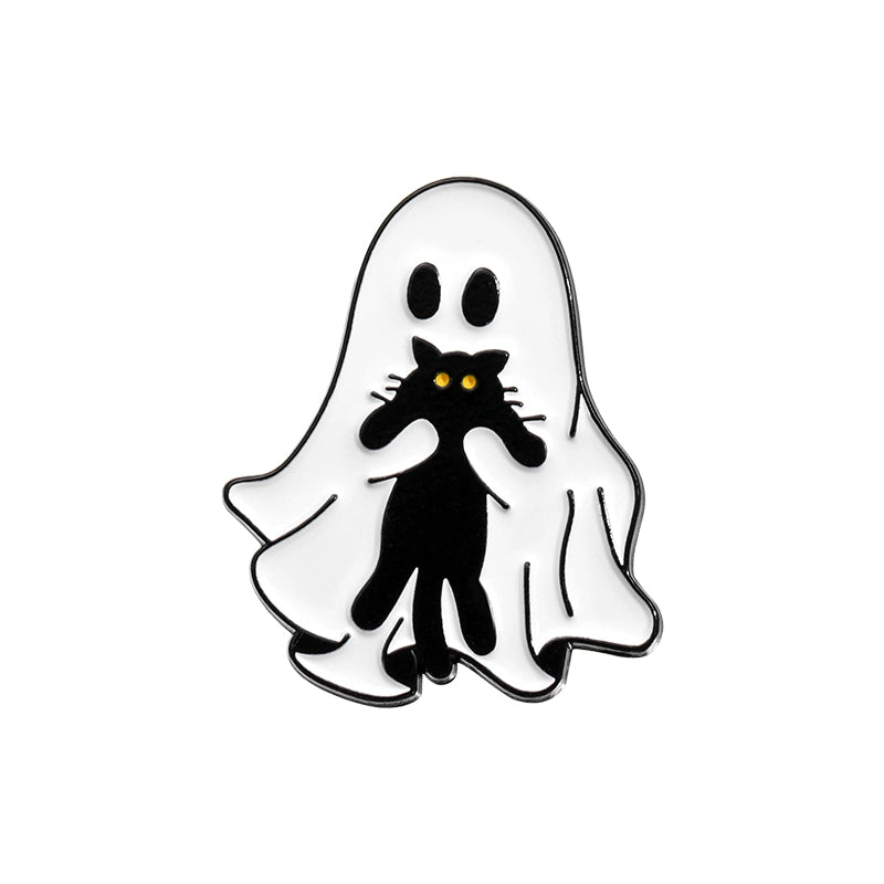 Halloween essentials Black cat White ghost brooch Metal badge Personality pin Student bag ornament Halloween medal