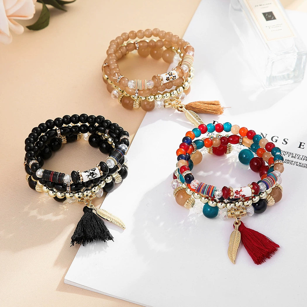 Ethnic style multi-layer beaded bracelet temperament versatile retro style fringed pendant crystal bracelet accessories
