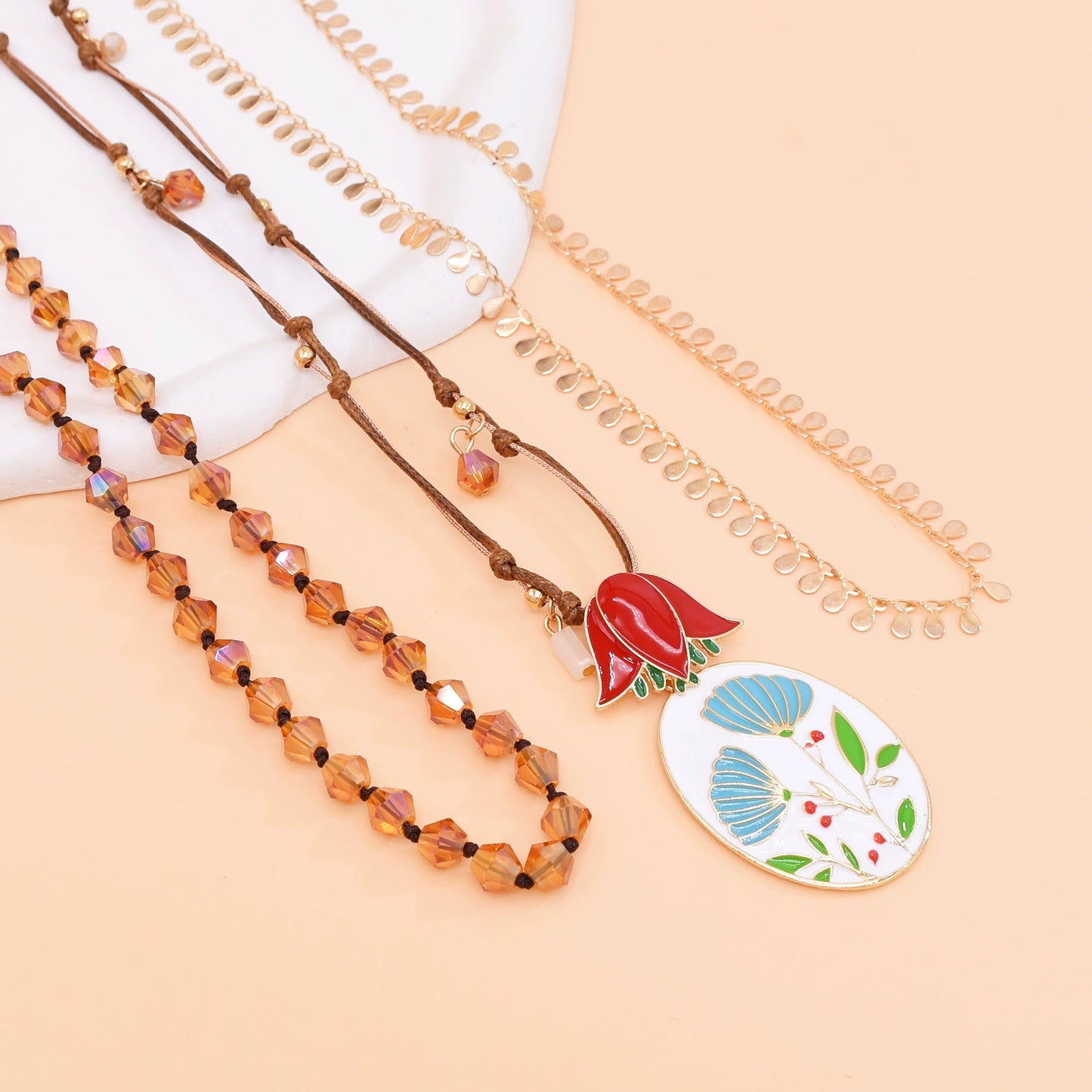 New European and American exaggerated hand-woven multi-layer necklace, female drip oil flower pendant, high-end beaded flower necklace