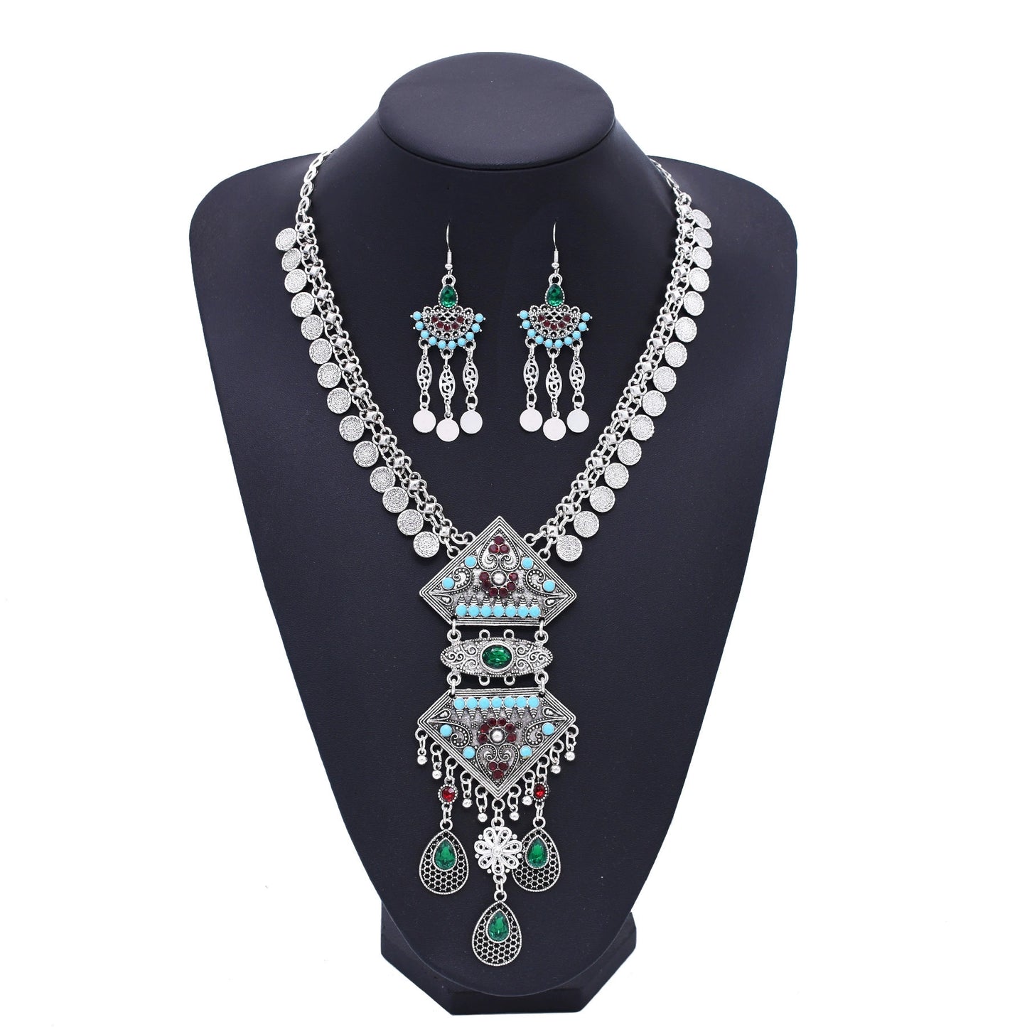 Vintage Exotic Style Tassel Necklace Earrings Set Imitation Turquoise Water Drop Pendant Indian Sweater Chain Photo Accessories Women
