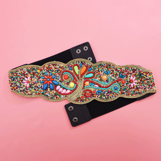 Color imitation turquoise rice beads elastic waist seal women's high-end sense ethnic style wide belt Xinjiang Kashgar travel photography waist jewelry women