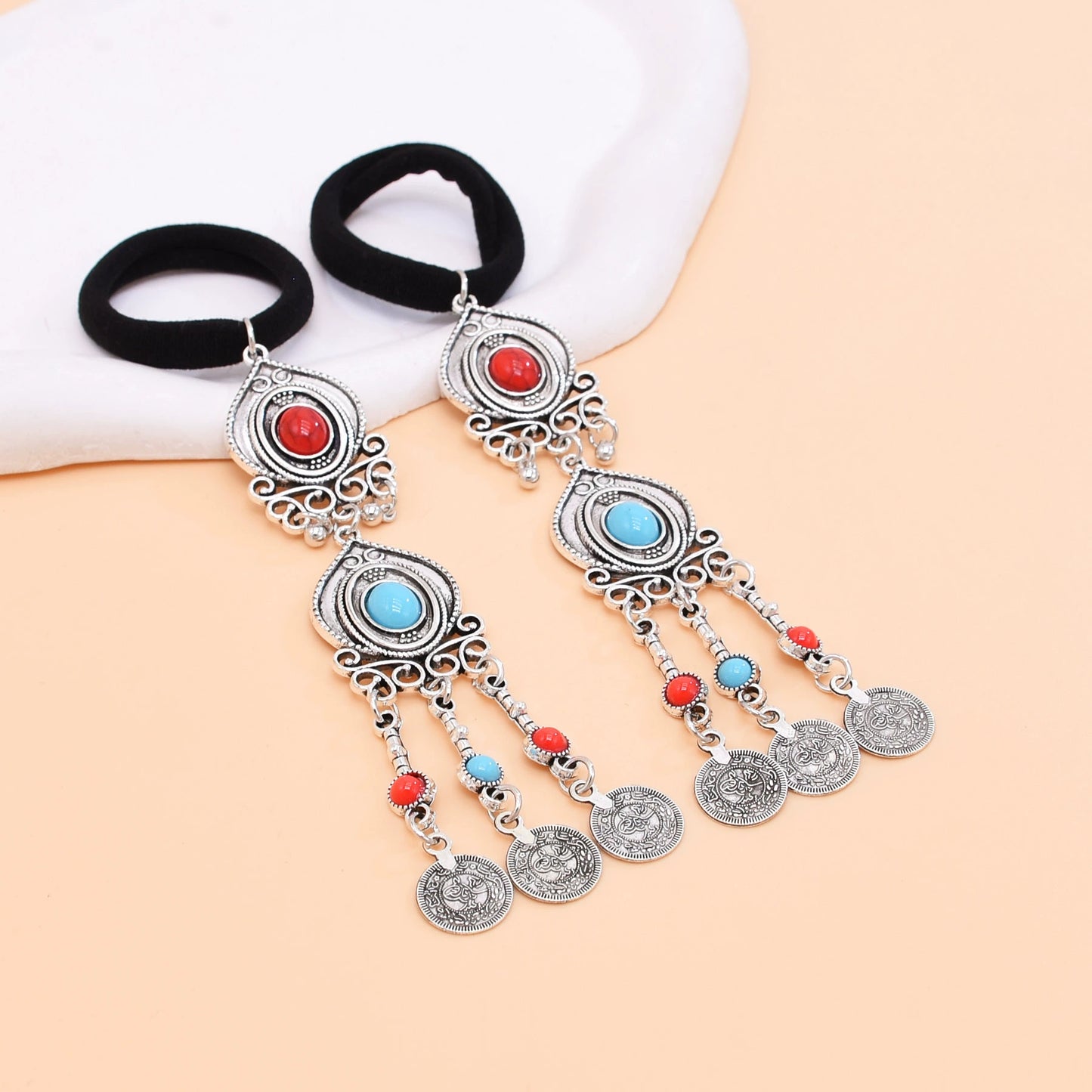 Ethnic style niche Kazakh hair accessories retro exotic style old coins fringed hair band women's imitation turquoise headdress