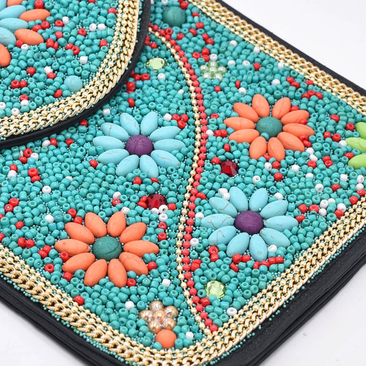 Ethnic style personalized retro Xinjiang messenger bag rice bead turquoise leather bag Mongolian Yunnan travel mobile phone bag
