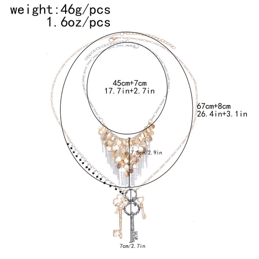 European and American water drop-shaped metal fringed necklace set double-layer stacked key pendant neck chain fashionable versatile necklace women